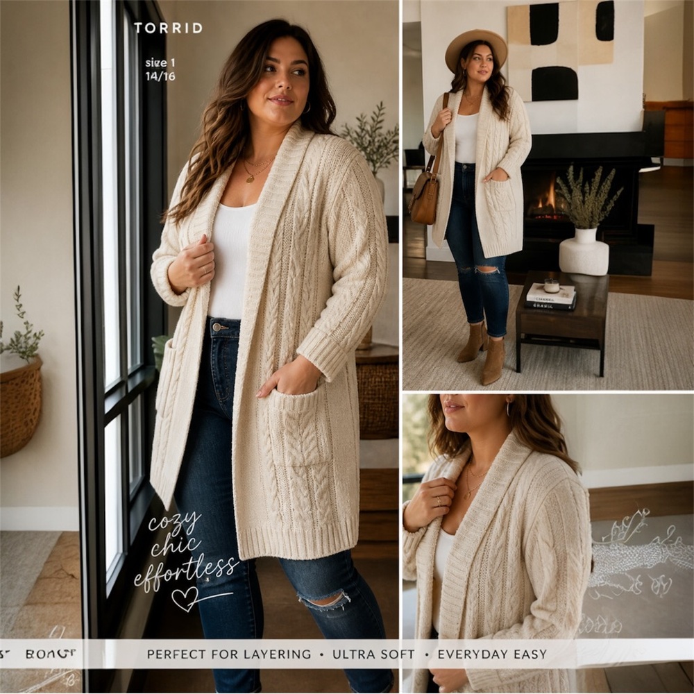 Torrid Cable Knit Shawl Collar Cardigan Cream Size 1 (14/16) Long Open Front